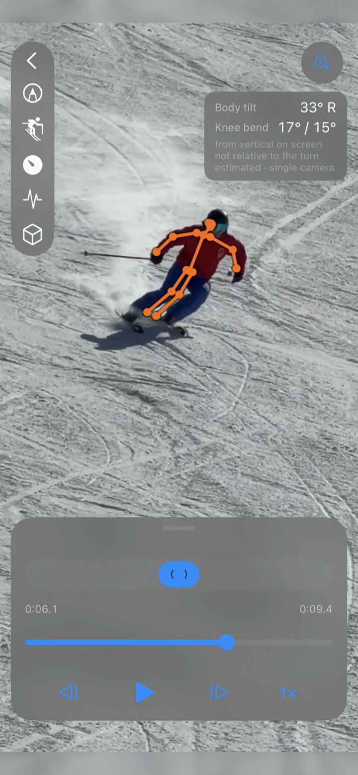 TurnPro review screen: a skier mid-turn with a skeleton overlay, a measurement card reading body tilt 33 degrees right and knee bend 17 and 15 degrees, marked estimated, single camera, with frame-step controls below.